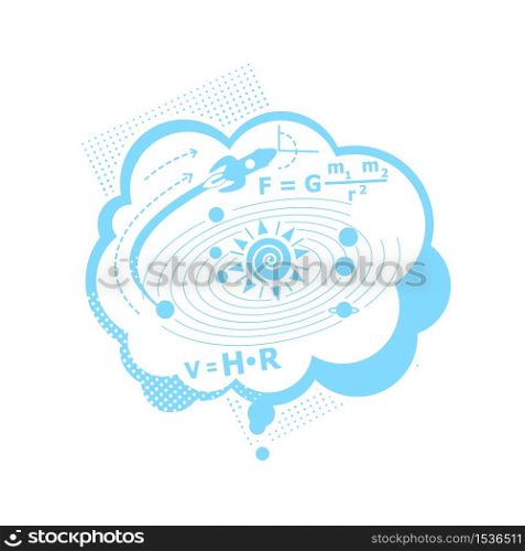Thought of physics problem flat concept vector illustration. Thinking of scientific solution. Formula for astronomy. Education 2D cartoon concept for web design. Inspiration creative idea. Thought of physics problem flat concept vector illustration