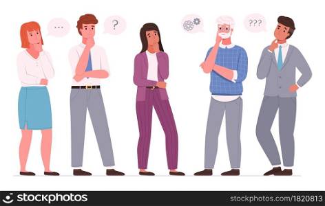 Thoughtful business people. Office employees team men and women thinking poses, resolving work issues, finding right solution, solving problem. Human with thought bubbles. Vector cartoon isolated set. Thoughtful business people. Office employees team men and women thinking poses, resolving work issues, finding right solution, solving problem. Human with thought bubbles. Vector set