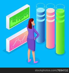Thoughtful businesswoman looking at visual isometric graph, columns, diagram. Digital boards with statistic, growing and falling graph. Analysis info, digital marketing. Report, financial audit, seo. Thoughtful woman looking at visual infographics, analysis info, report, financial audit, seo