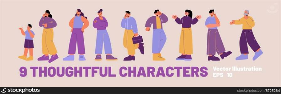 Thoughtful characters set. Diverse people think. Curious, confused, doubt and puzzled men and women, boy and elderly person isolated on background, vector flat illustration. Thoughtful characters set. Diverse people think