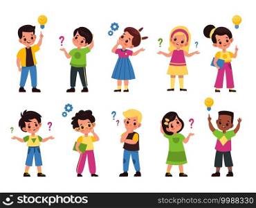 Thoughtful kids. Children with questions, l&s and gears symbols over heads, thought processes, imagination and new idea, thinking girls and boys in different poses. Vector flat cartoon isolated set. Thoughtful kids. Children with questions, l&s and gears symbols over heads, thought processes, imagination and new idea, thinking girls and boys in different poses. Vector cartoon set