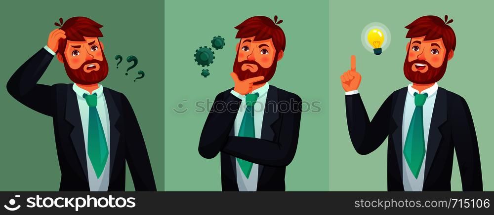 Thoughtful man. Male ask questions, doubt or confused and found question answer. Thinking serious decision. Hopeless, disappointed and have an idea cartoon expressions vector illustration. Thoughtful man. Male ask questions, doubt or confused and found question answer. Thinking serious decision cartoon vector illustration