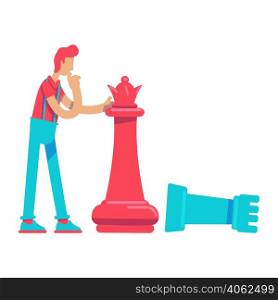 Thoughtful man with chess pieces semi flat color vector character. Playing chess. Standing figure. Full body person on white. Simple cartoon style illustration for web graphic design and animation. Thoughtful man with chess pieces semi flat color vector character