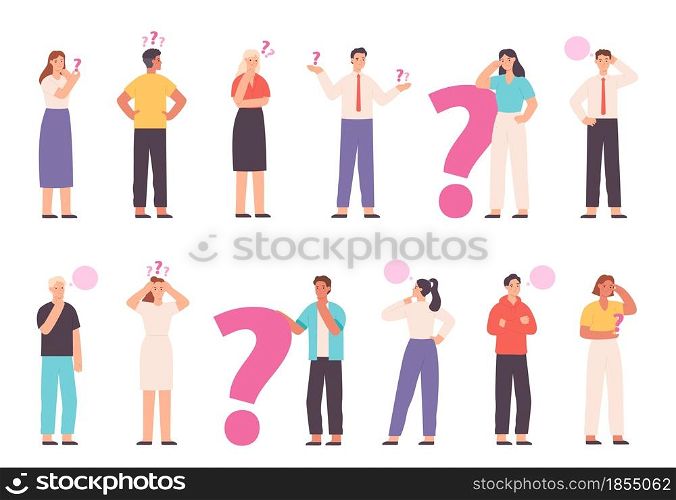Thoughtful people wondering, solving problem and thinking with question marks. Choice or decision concept with asking characters vector set. Uncertain young man and woman choosing way