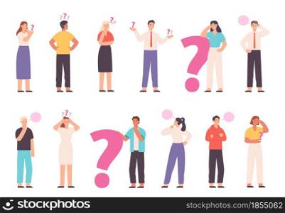 Thoughtful people wondering, solving problem and thinking with question marks. Choice or decision concept with asking characters vector set. Uncertain young man and woman choosing way