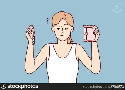 Thoughtful woman holding t&on and pad in hands choosing what to use during menstruation. Girl is thinking about choosing best manufacturer of female hygiene products. Flat vector illustration. Thoughtful woman holding t&on and pad choosing what to use during menstruation. Vector image