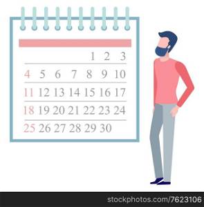 Thoughtful young man with beard in pink shirt looking at month calendar hanging on wall. Schedule concept. Time management and planning vector illustration. Flat cartoon. Young Man Looking at Month Calendar on Wall Vector