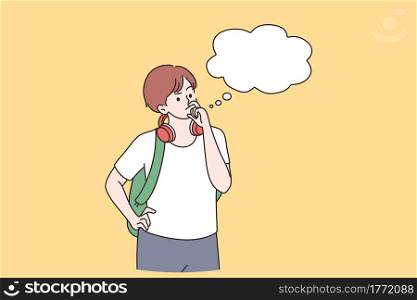 Thoughtfulness and thinking of ideas concept. Concentrated curious boy cartoon character standing touching his lips and looking ahead getting interesting idea vector illustration . Thoughtfulness and thinking of ideas concept