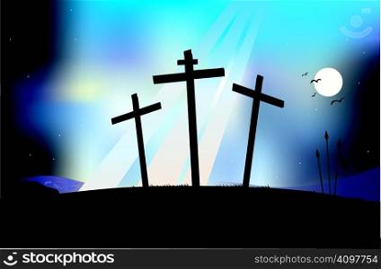 Thre crosses on the hill. Vector Illustration.