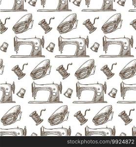 Thread and fabric cloth for making clothes, sewing machine seamless pattern. Fixing of clothing or dressmaking, atelier tailoring salon or workshop. Monochrome sketch outline, vector in flat style. Sewing machine, cloth and thread monochrome seamless pattern