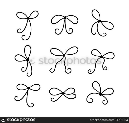 Thread bows with knots. Decorative thin ribbons set. Hand drawn vector illustration isolated in doodle style on white background.. Thread bows with knots. Decorative thin ribbons set. Hand drawn vector illustration isolated in doodle style on white background