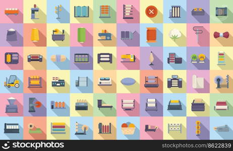Thread production icons set flat vector. Fashion beauty. Fabric factory. Thread production icons set flat vector. Fashion beauty