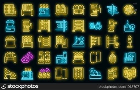 Thread production icons set. Outline set of thread production vector icons neon color on black. Thread production icons set vector neon