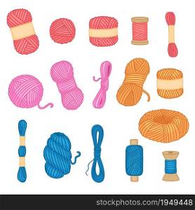 Threads collection. Sewing handicraft items tangle threads from woolen neoteric vector cartoon objects. Handmade and knitting, homemade diy from colored threads illustration. Threads collection. Sewing handicraft items tangle threads from woolen neoteric vector cartoon objects