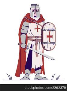 Threatening templar knight semi flat RGB color vector illustration. Standing figure. Live action role playing game. Medieval period person isolated cartoon character on white background. Threatening templar knight semi flat RGB color vector illustration
