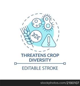 Threatens crop diversity turquoise concept icon. Disadvantages of gmo abstract idea thin line illustration. Isolated outline drawing. Editable stroke. Arial, Myriad Pro-Bold fonts used. Threatens crop diversity turquoise concept icon