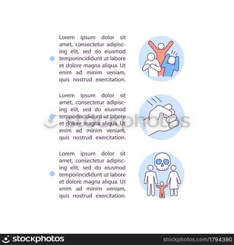 Threats to victims concept line icons with text. PPT page vector template with copy space. Brochure, magazine, newsletter design element. Scared people linear illustrations on white. Threats to victims concept line icons with text