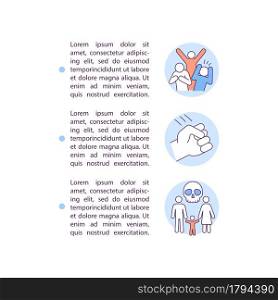 Threats to victims concept line icons with text. PPT page vector template with copy space. Brochure, magazine, newsletter design element. Scared people linear illustrations on white. Threats to victims concept line icons with text