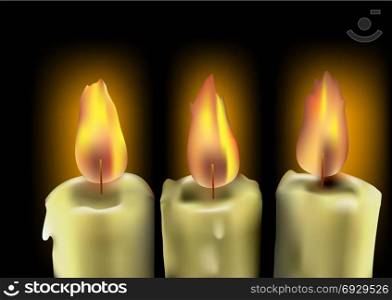 three abstract burning candles on multcolor background
