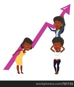 Three african-american businesswomen holding growth graph. Business team with growth graph. Concept of business growth and teamwork. Vector flat design illustration isolated on white background. Three businesswomen holding growth graph.