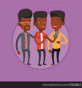Three african-american friends looking at smartphone and laughing. Young guy showing something to his friends on his mobile phone. Vector flat design illustration in the circle isolated on background.. Three smiling friends looking at mobile phone.