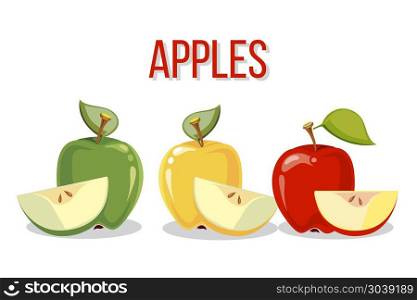 Three apples with slices isolated over white. Three apples with slices isolated o white background. Vector illustration
