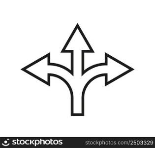 Three arrow way icon. Arrow way with 3 options of road. Choice of pathway. Outline icon. Choose of decision in split of direction. Crossroad, uncertainty and choice opportunity. Vector.