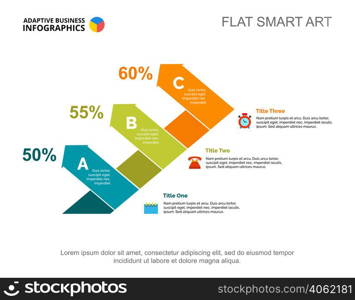 Three arrows percentage chart template for presentation. Business data. Abstract elements of diagram, graphic. Progress, idea, statistics or marketing creative concept for infographic, project.
