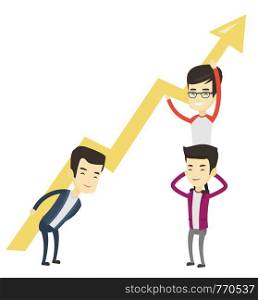 Three asian business men holding growth graph. Business team with growth graph. Concept of business growth, teamwork and partnership. Vector flat design illustration isolated on white background.. Three business men holding growth graph.