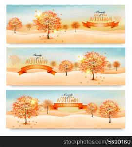 Three autumn abstract banners with colorful leaves and trees. Vector