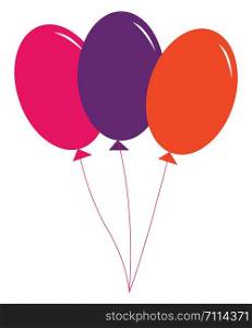 Three balloons one pink, one purple, and one orange, vector, color drawing or illustration.