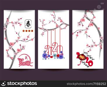three banner for chinese new year 2020 year of the rat flowers and asian elements