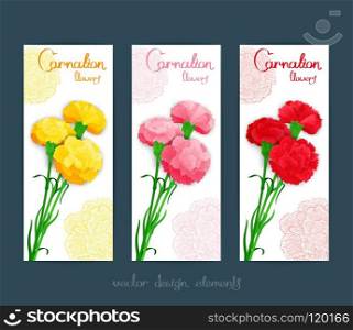 Three banner template with bouquet of colour carnations. Vector illustration. Stylized design for flyer, banner and other decoration. Vector banner design with bouquet of cloves