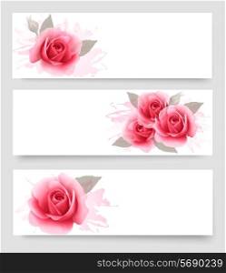 Three banners with pink roses. Vector.