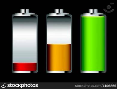 Three batteries with different levels of charge and black background