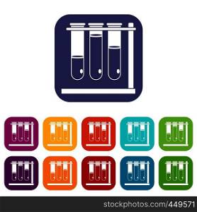 Three beakers icons set vector illustration in flat style In colors red, blue, green and other. Three beakers icons set flat