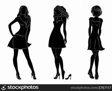 Three beautiful slim women black silhouettes with white contours, hand drawing vector artwork