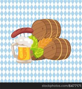 Three Beer Barrels and Snacks Vector Illustration. Vector illustration of wooden barrels, glass of bright beer with foam, beverage ingredients as wheat and hop and german sausage on checkered background