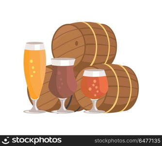 Three Beer Barrels Degustation Vector Illustation. Vector illustration of three beer barrels and glasses of alcohol drinks different types for degustation at october festival on white background.