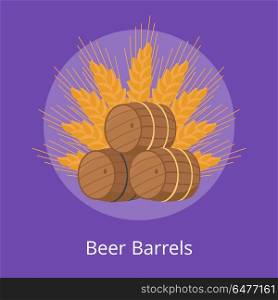 Three Beer Barrels of Different Types and Ears. Three beer barrels of different types and ear of wheat on purple background. Unofficial symbol of Oktoberfest or Octoberfest festival.