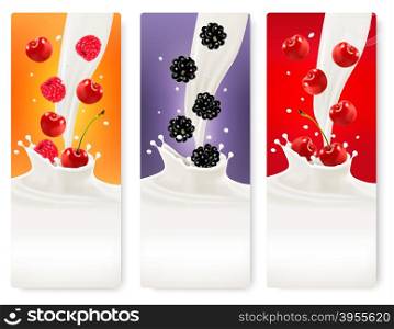 Three berries and milk banners. Vector.