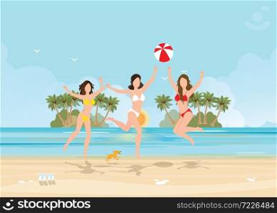 Three bikini woman jumping with ball on beautiful beach on tropical vacation. Holiday of freedom and happiness, vector illustration.