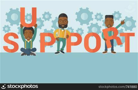 Three Black businessmen holding a letter, it is a support message they need help from others. Teamwork concept. A contemporary style with pastel palette soft blue tinted background. Vector flat design illustration. Horizontal layout.. Three black men standing in the word support.