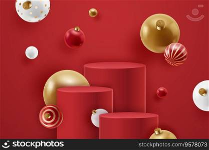 Three blank red podiums stage with christmas balls. Christmas theme decoration. Realistic new year 3D trending background. Holiday vector mockup. Three blank red podiums stage with christmas balls. Christmas theme decoration. Realistic new year 3D trending background. Holiday mockup