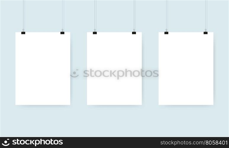 Three blank white poster with binder clips. Mockup design. Vector illustration.. Poster binder clip