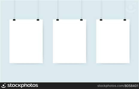 Three blank white poster with binder clips. Mockup design. Vector illustration.. Poster binder clip