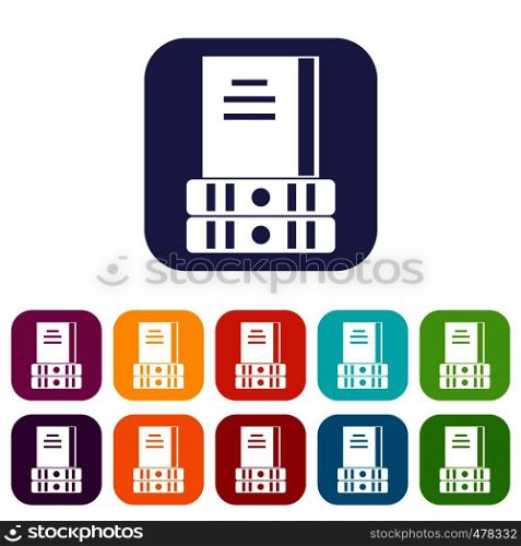 Three books icons set vector illustration in flat style in colors red, blue, green, and other. Three books icons set