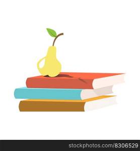 Three books lie on top of each other. Textbooks and pear. A stack of books.