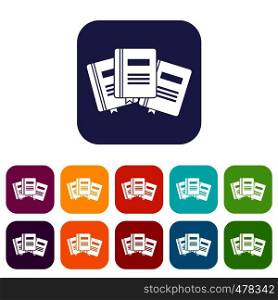 Three books with bookmarks icons set vector illustration in flat style in colors red, blue, green, and other. Three books with bookmarks icons set