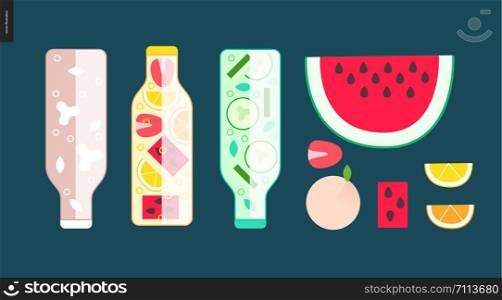 Three bottles and some fruit - cartoon vector illustration of bottles filled with chocolate milk, fruit lemonade and cucumber water, slice of watermelon, lemon and orange, strawberry, and whole peach. Three bottles and some fruit